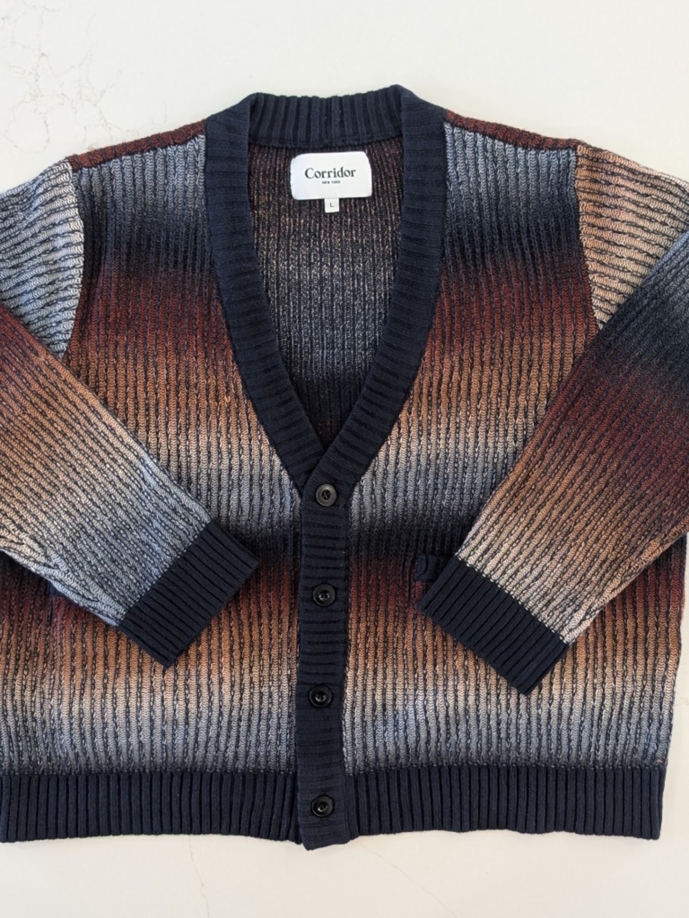 Corridor NYC Zion Dusk Ombre Ribbed Cardigan Sweater Navy Multi Men's Large